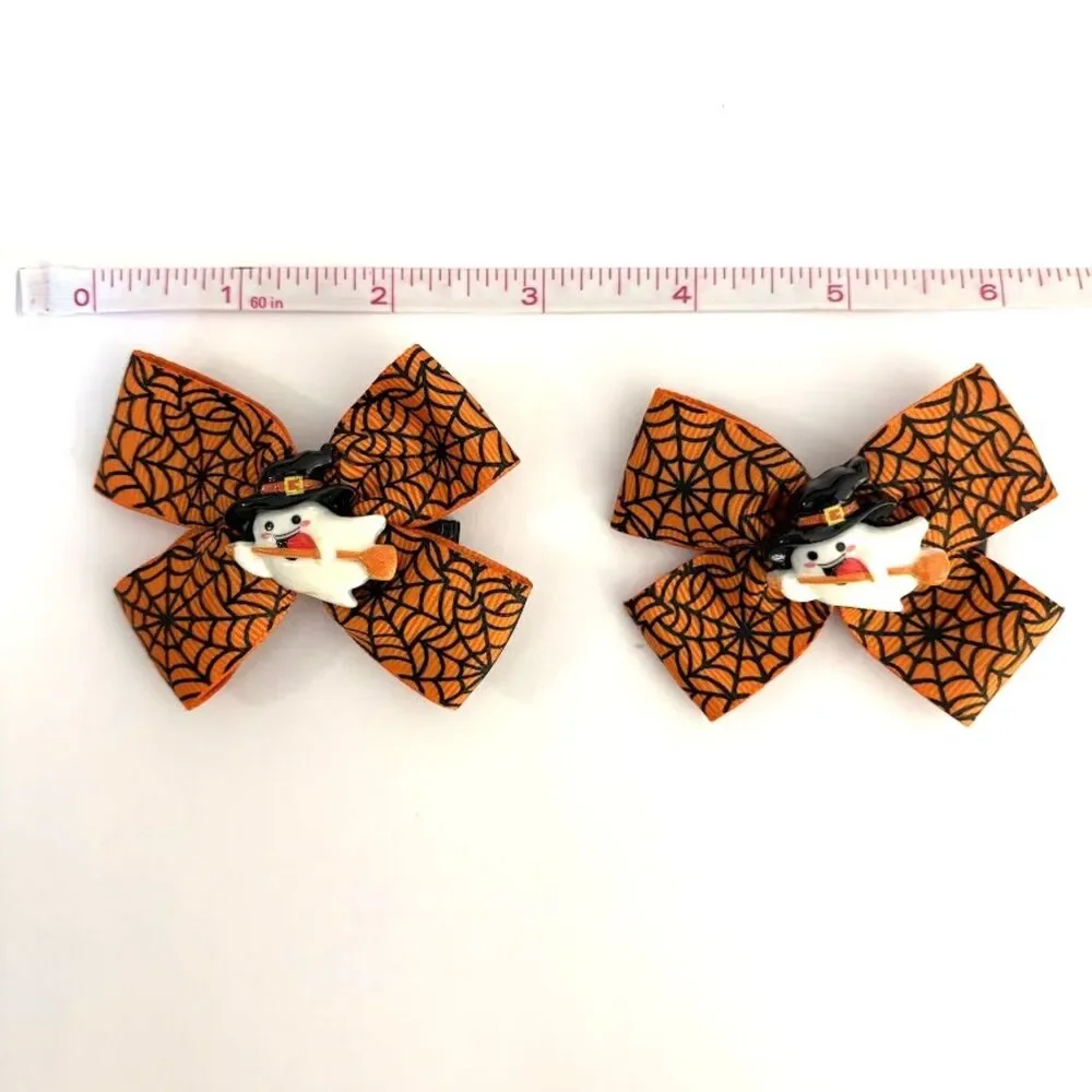 Halloween Hair Bow GHOST Set of 2 Girls Grosgrain Ribbon Bow Clips NWOT
